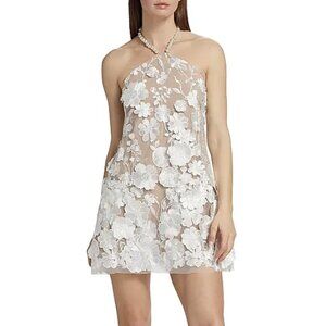 NWT Elliatt Callista Floral Lace Appliqué White Mini Dress with Pearl Halterneck